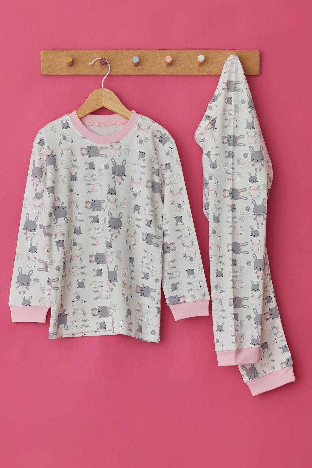 Kız Çocuk Tavşan Baskılı Beli Esnek Biyeli Beyaz Pembe Renkli Pijama Takımı