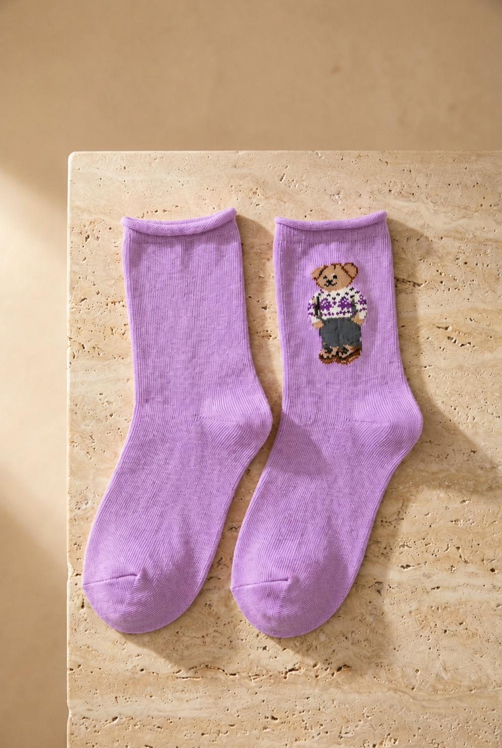 Kız Çocuk Teddy Desenli Lastiksiz Modal Soket Çorap Lila