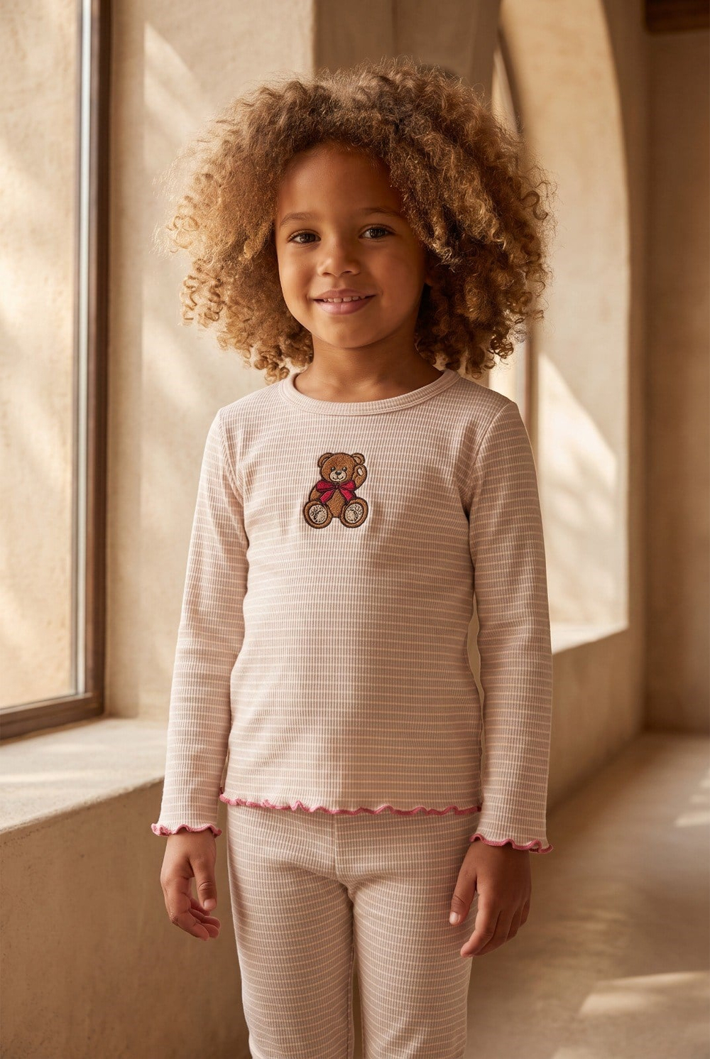 Kız Çocuk Teddy Desenli Pijama Takımı Ekru