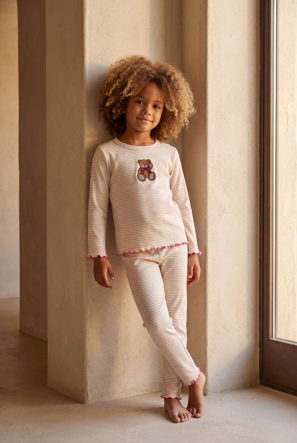 Kız Çocuk Teddy Desenli Pijama Takımı Ekru