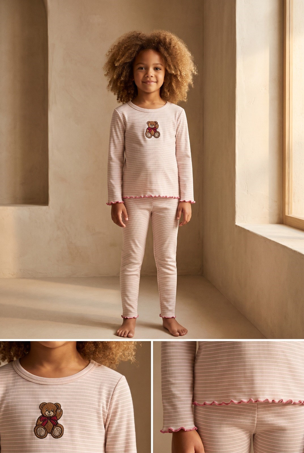 Kız Çocuk Teddy Desenli Pijama Takımı Ekru