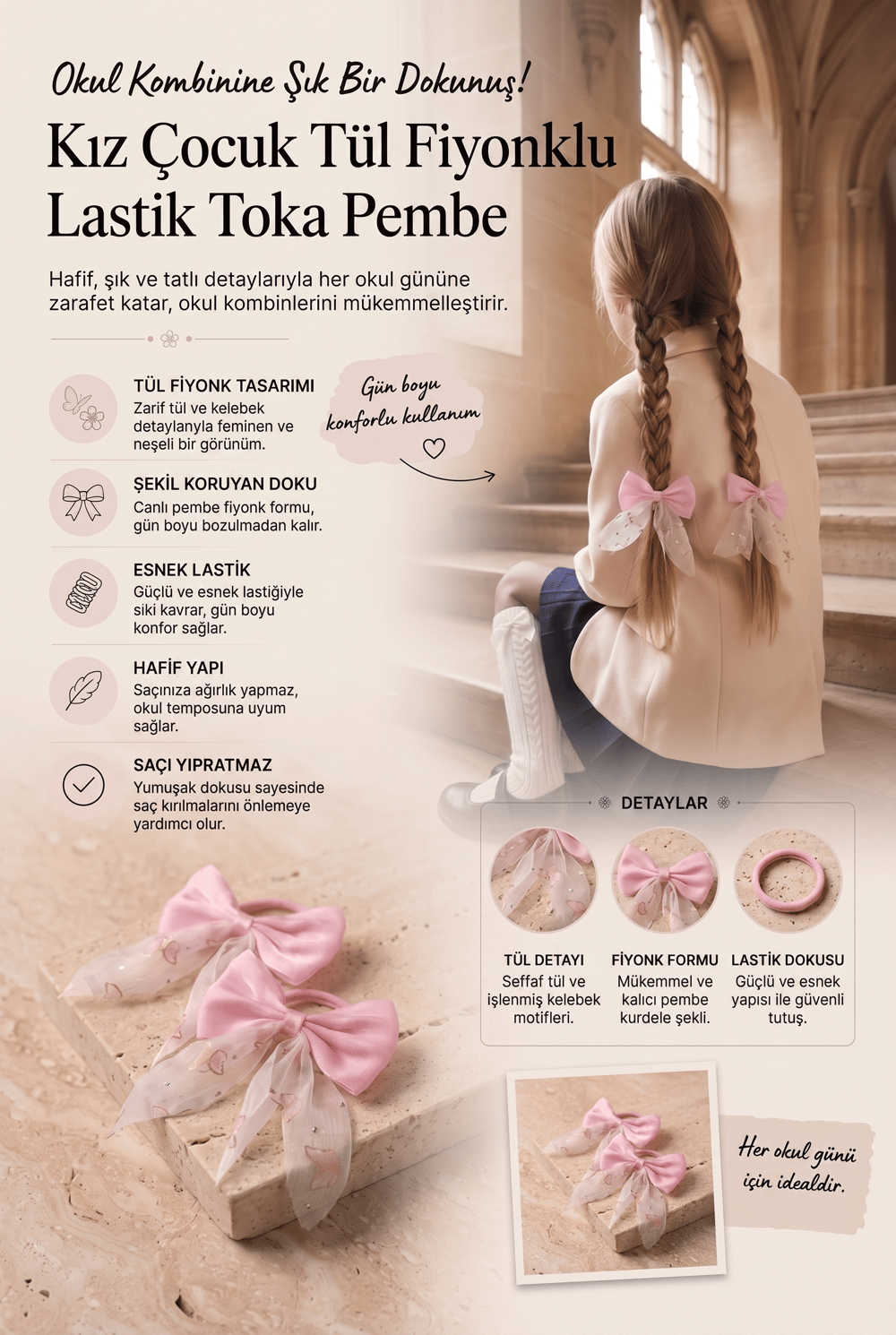 Kız Çocuk Tül Fiyonklu Lastik Toka Pembe