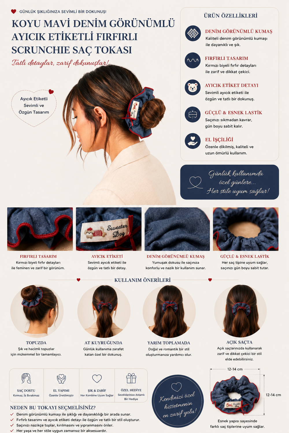 Koyu Mavi Denim Görünümlü Ayıcık Etiketli Fırfırlı Scrunchie Saç Tokası