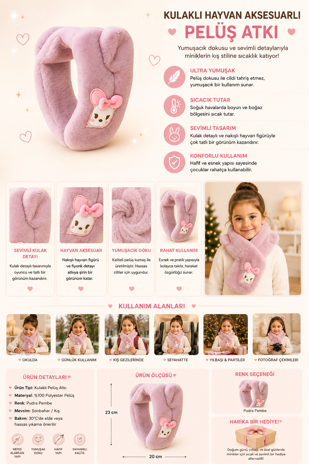 Kulaklı Hayvan Aksesuarlı Peluş Atkı Pembe