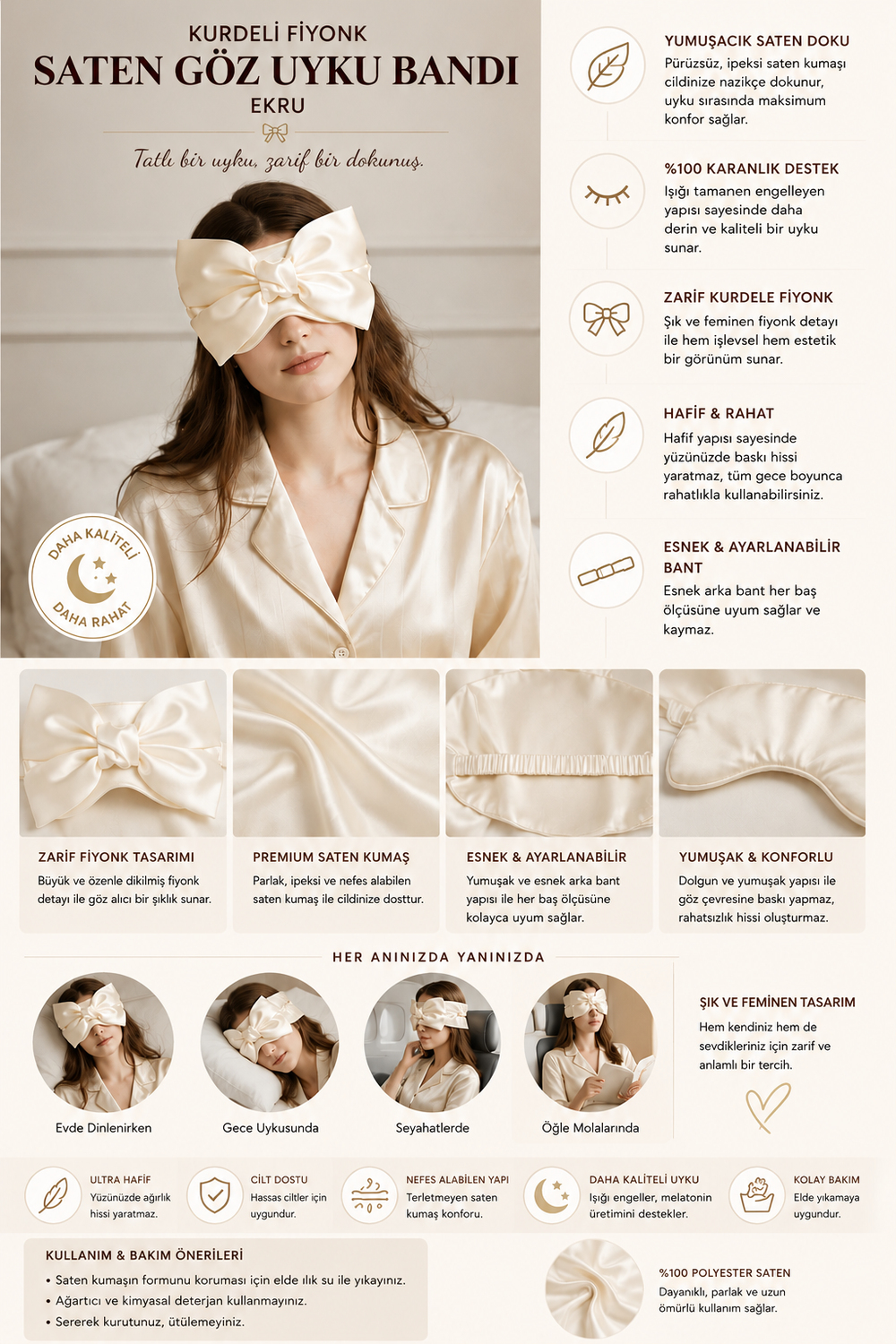 Ribbon Bow Satin Eye Sleeping Band Ecru