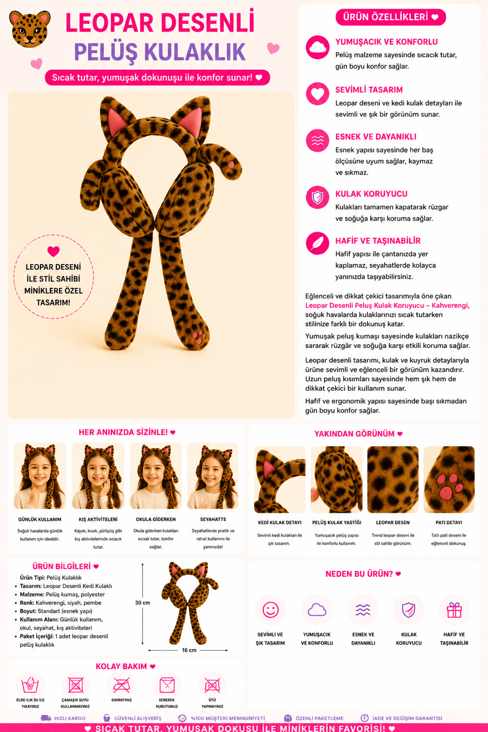 Leopar Desenli Peluş Kulaklık