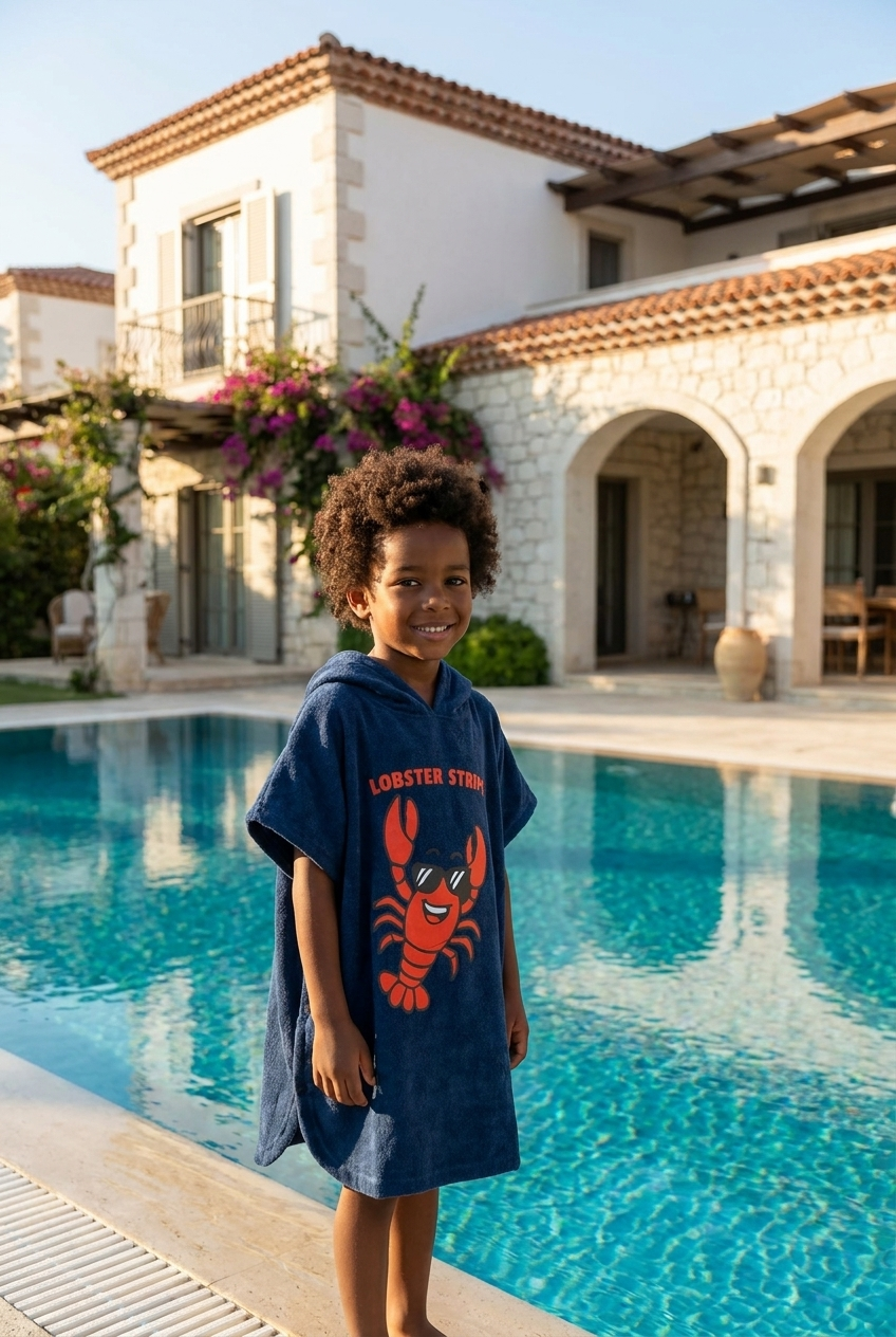 Lobster Stripe Kapüşonlu Çocuk Lacivert Plaj Pançosu