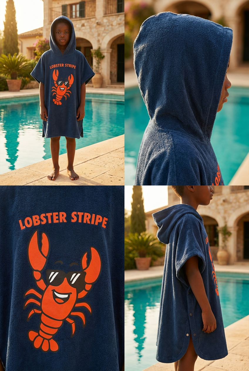 Lobster Stripe Kapüşonlu Çocuk Lacivert Plaj Pançosu