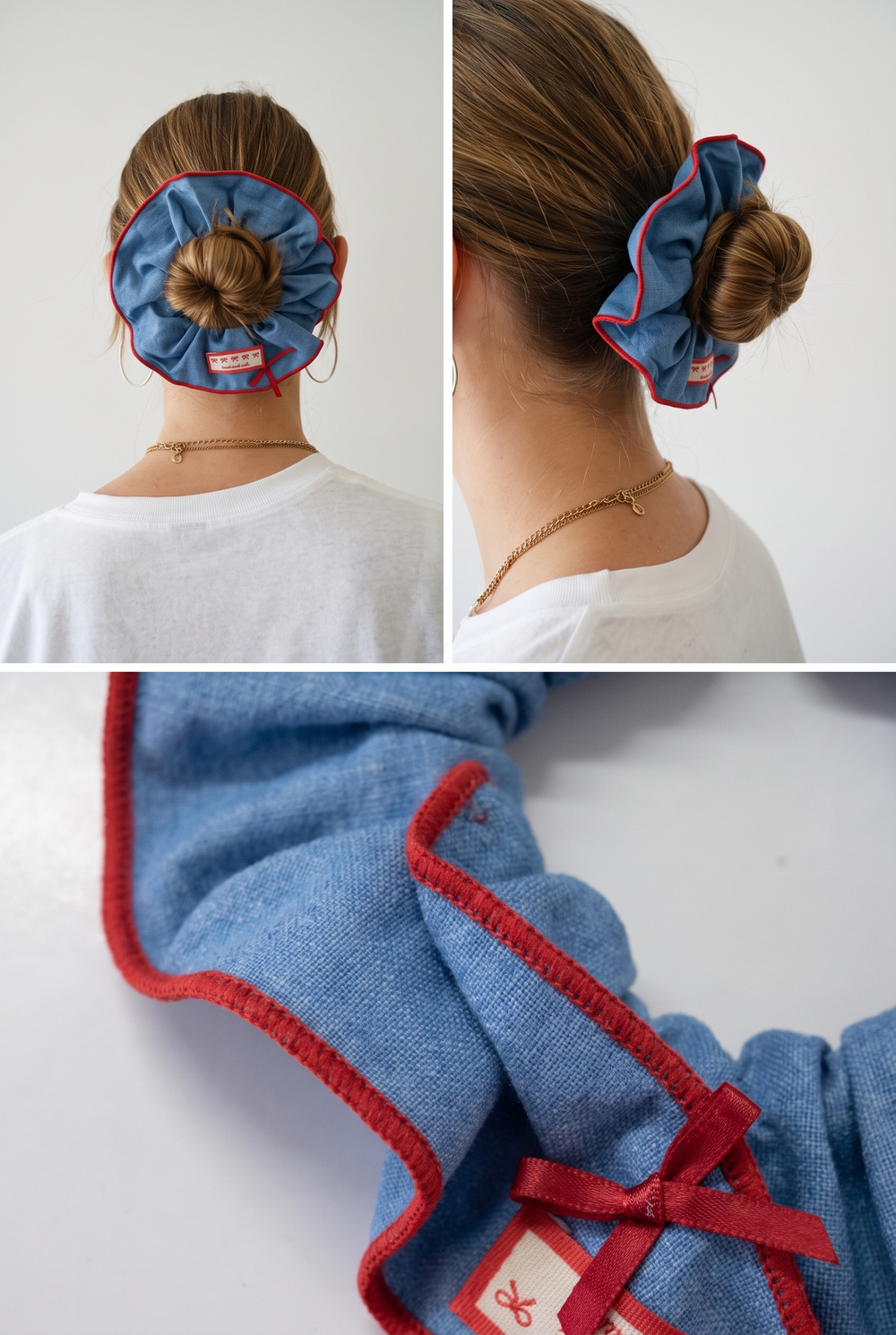 Mavi Denim Görünümlü Fiyonk Etiketli Lastik Topuz Tokası