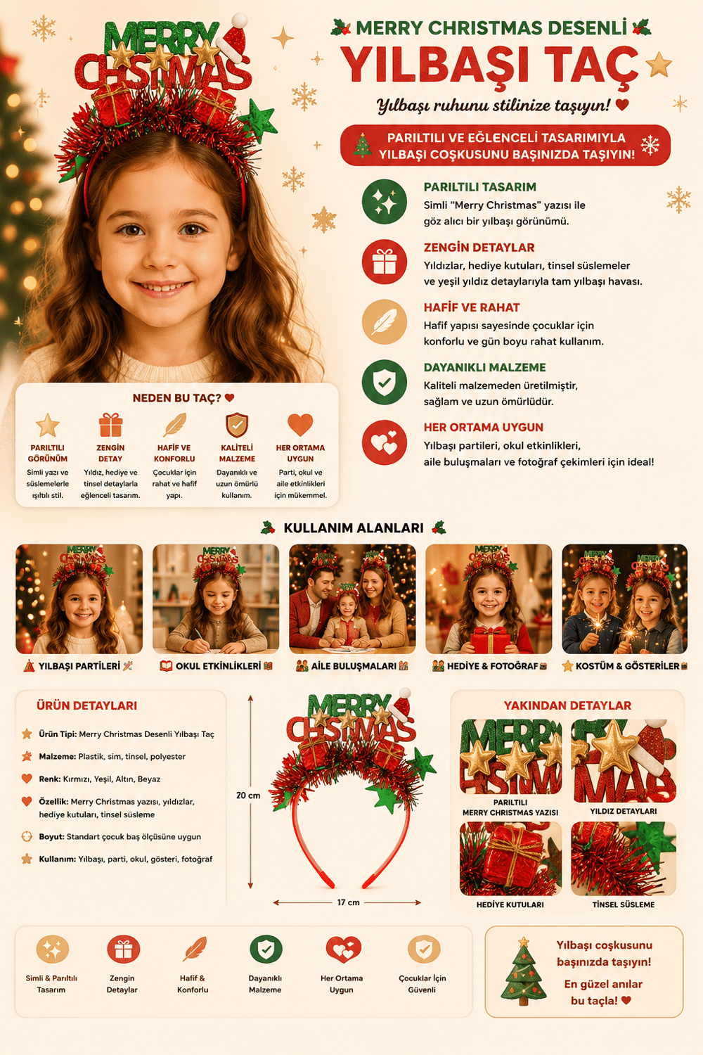Merry Christmas Desenli Yılbaşı Taç