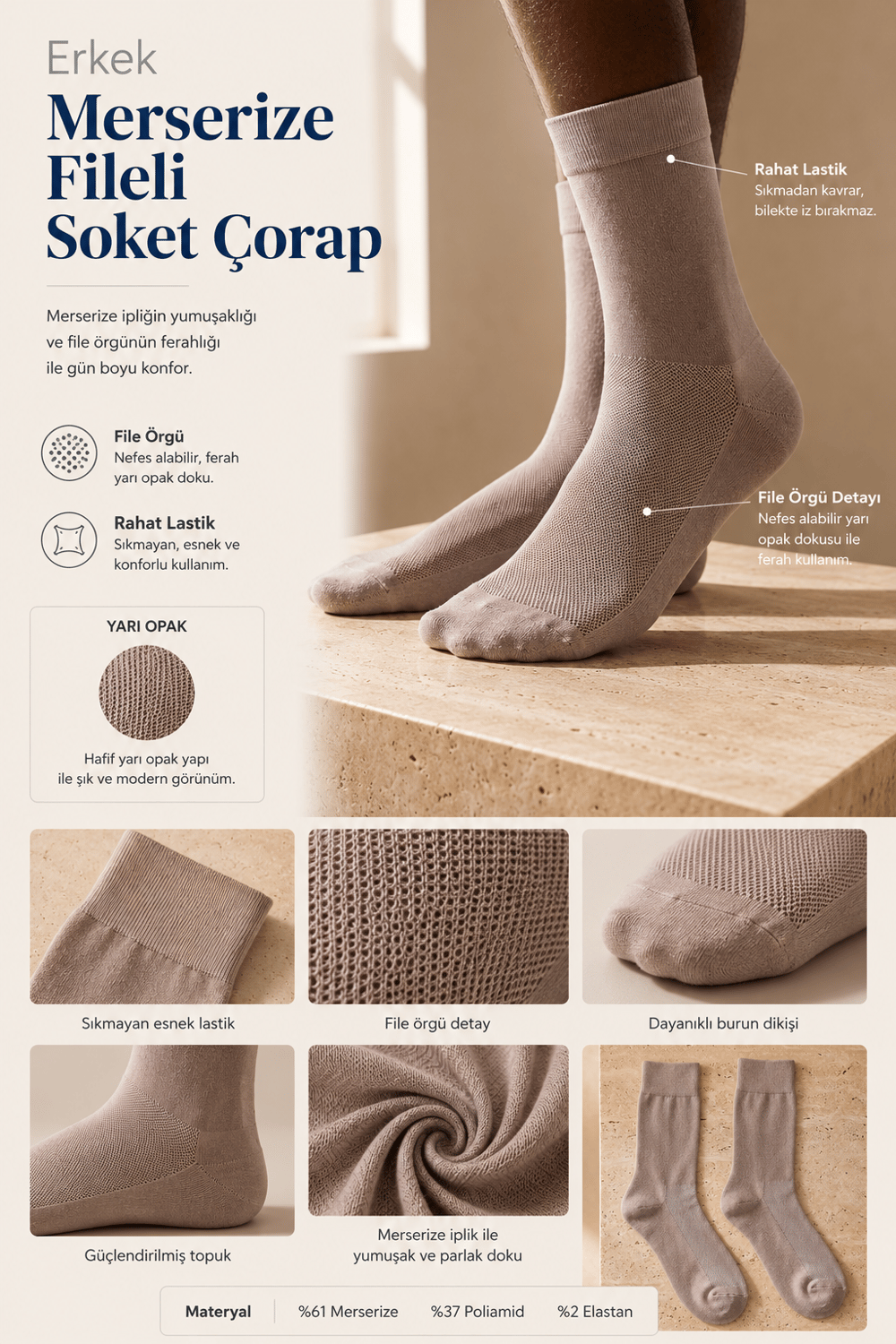 Mercerized Mesh Mens Sock Gray