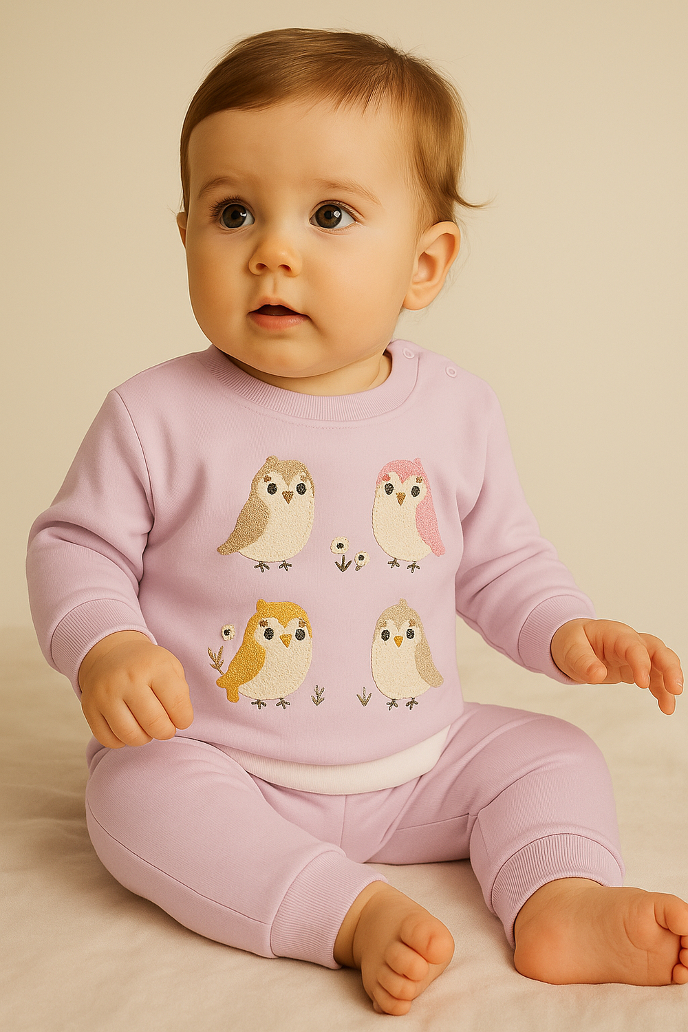 Nakışlı Kuş Desenli Bebek Takım Açık Lila