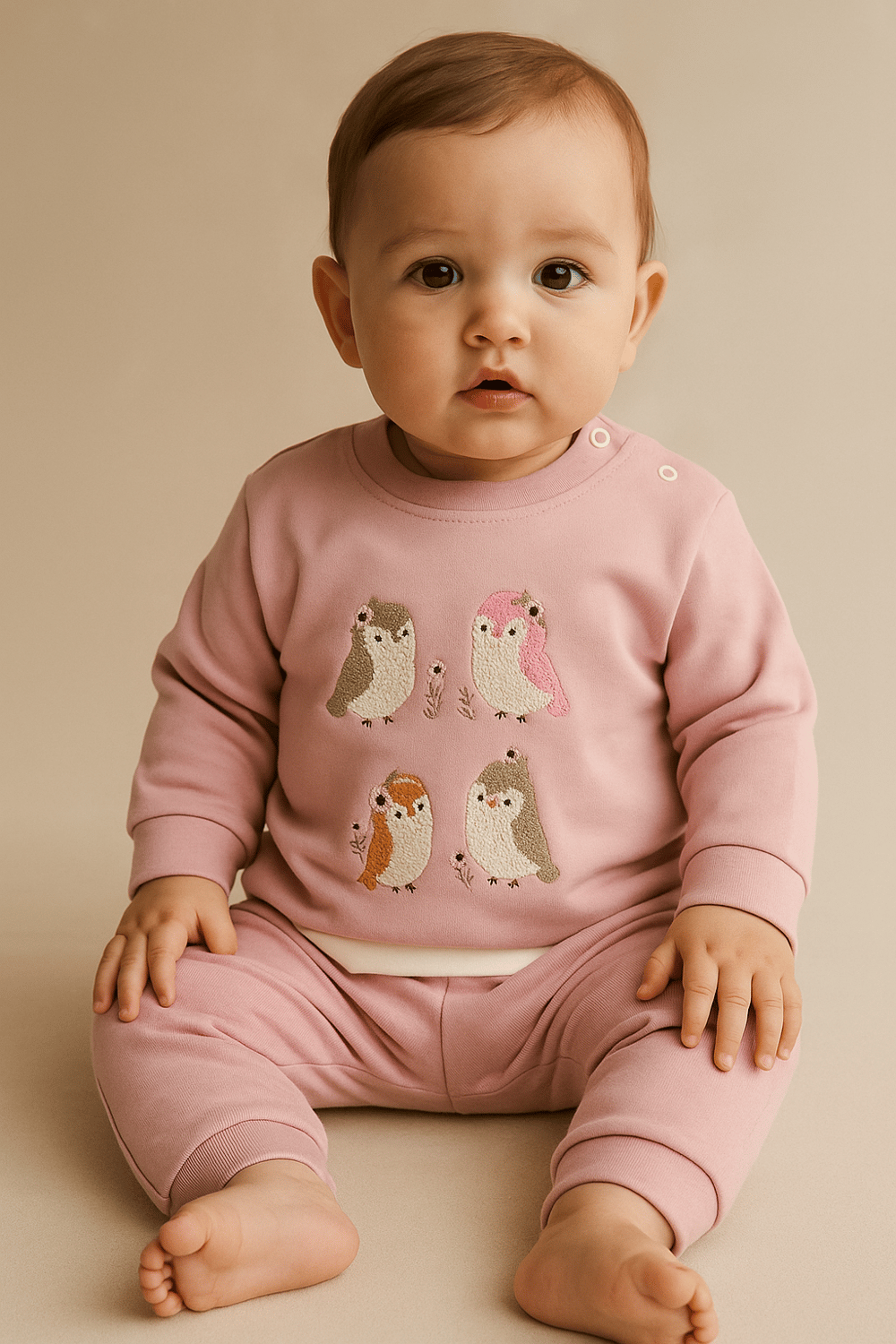Nakışlı Kuş Desenli Bebek Takım Açık Pembe