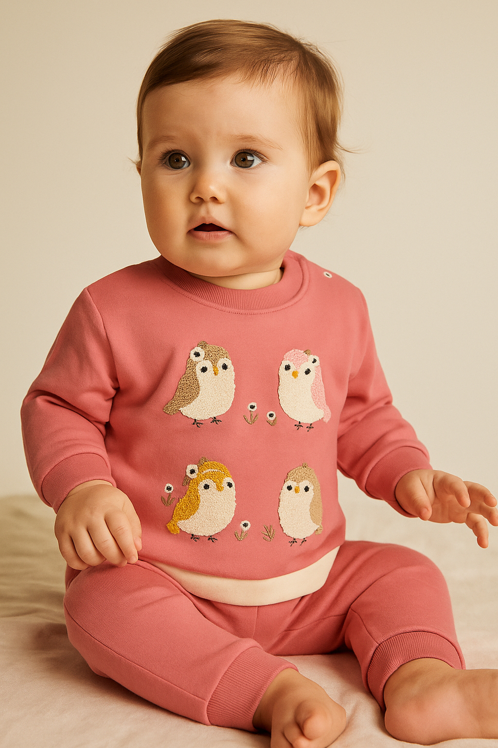 Nakışlı Kuş Desenli Bebek Takım Pembe