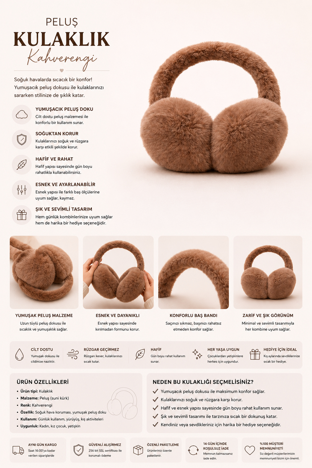Peluş Kulaklık Kahverengi