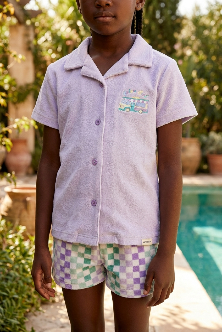 Polo Neck Gırl Towel Shorts Set Lilac