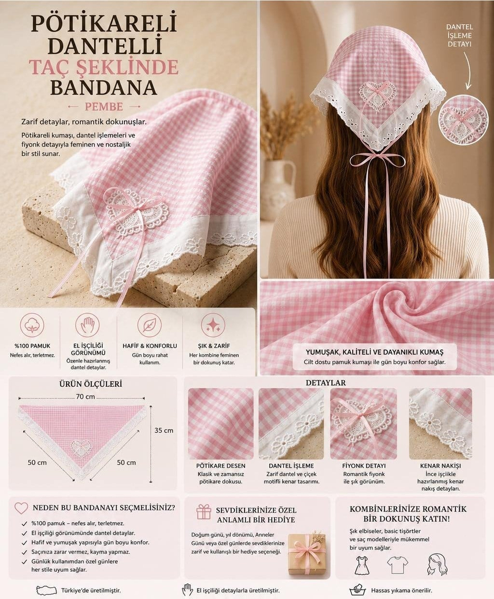 Pötikareli Dantelli Taç Şeklinde Bandana Pembe
