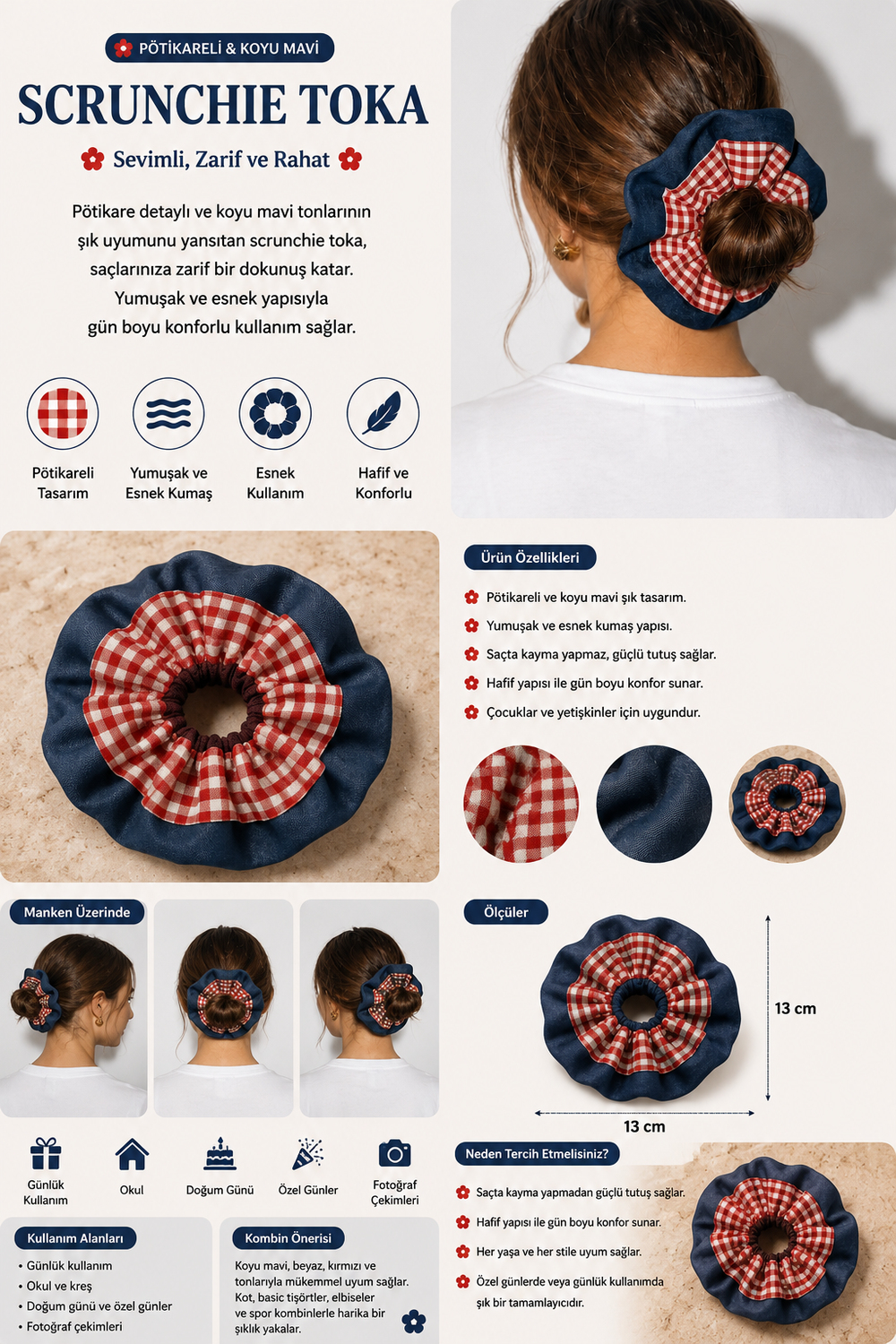 Pötikareli ve Koyu Mavi Scrunchie Toka