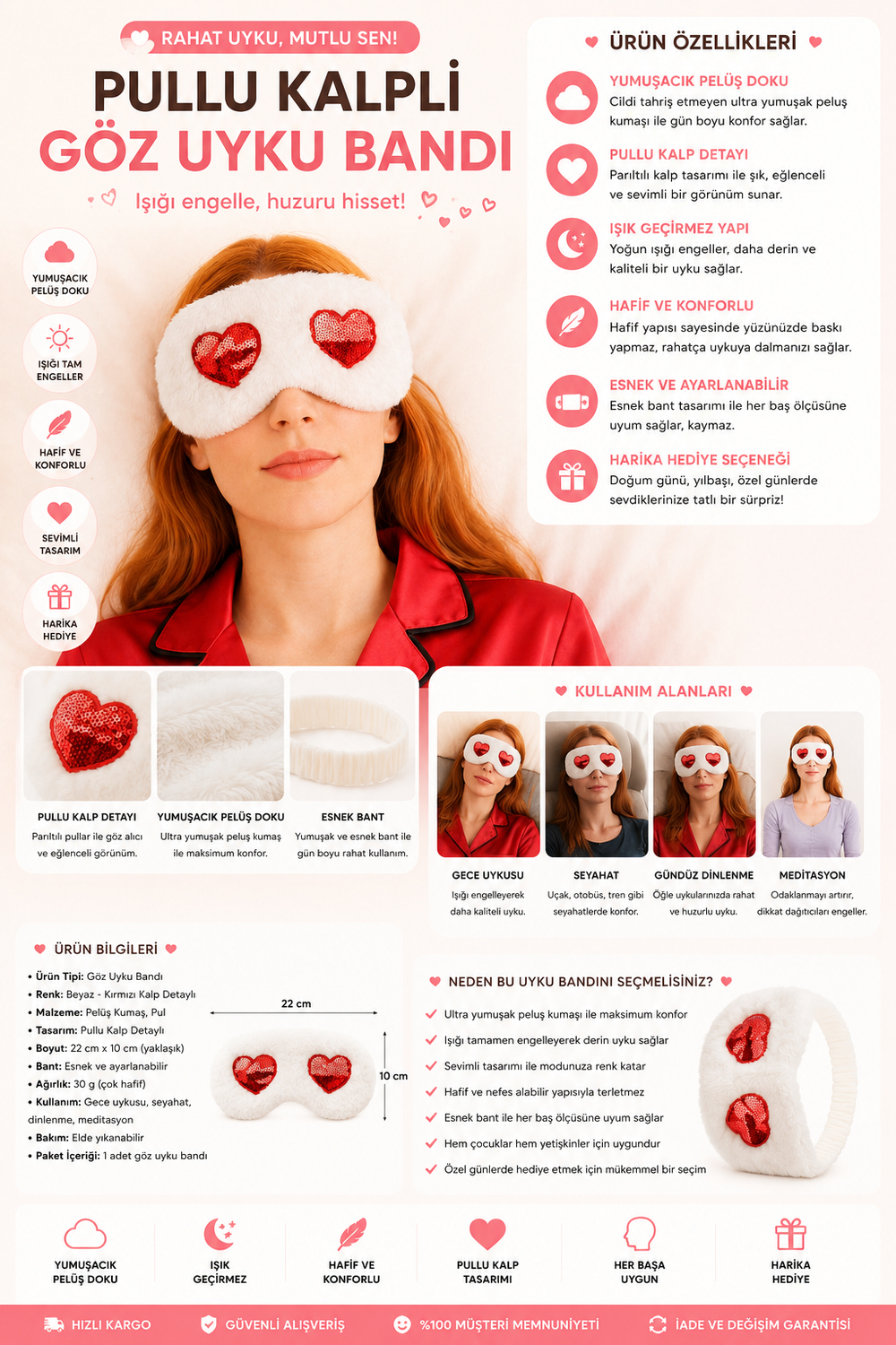 Sequin Heart Eye Sleeping Headband White