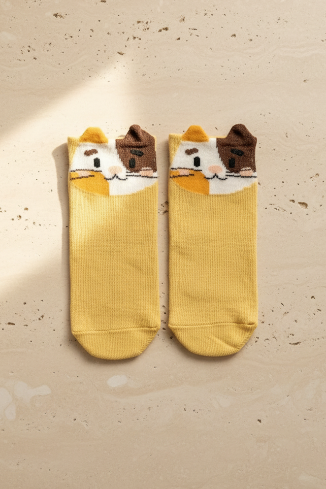 Yellow Childrens Socket Socks With Cute Animal Pattern