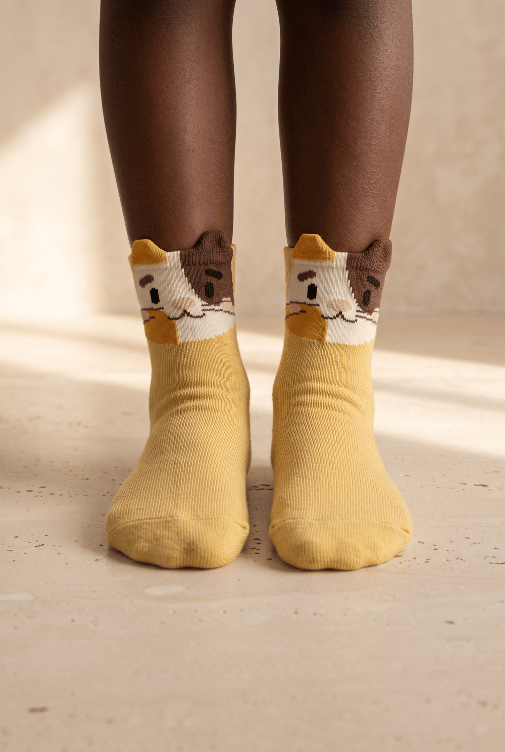 Yellow Childrens Socket Socks With Cute Animal Pattern