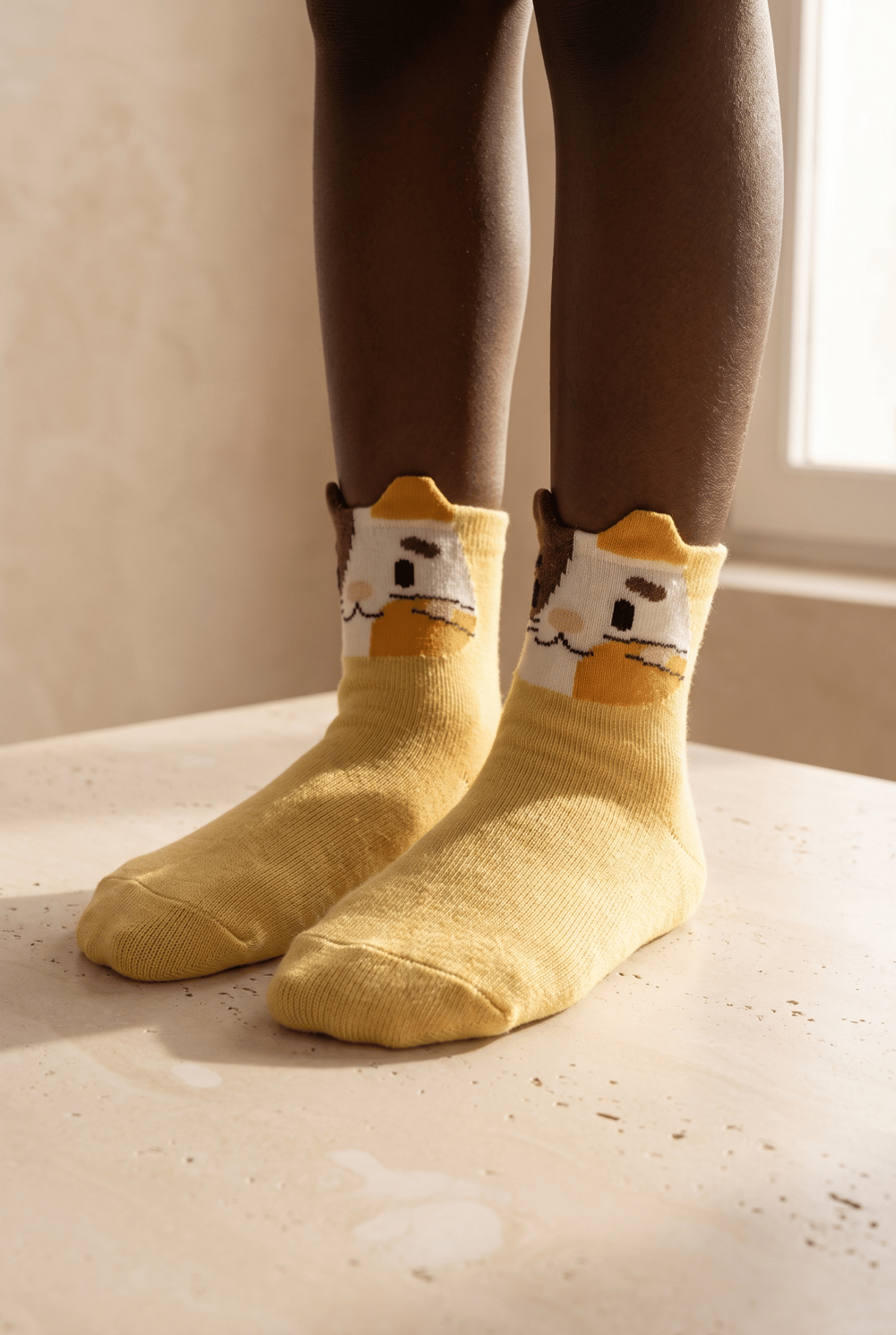 Yellow Childrens Socket Socks With Cute Animal Pattern