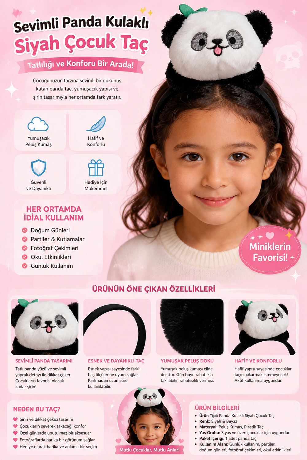 Sevimli Panda Kulaklı Siyah Çocuk Taç