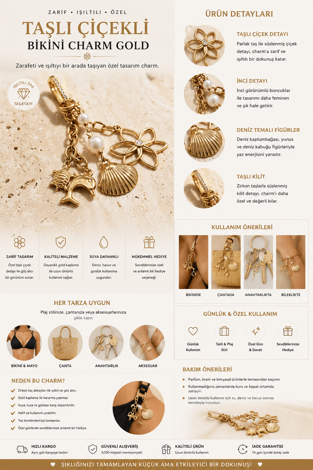 Taşlı Çiçekli Bikini Charm Gold