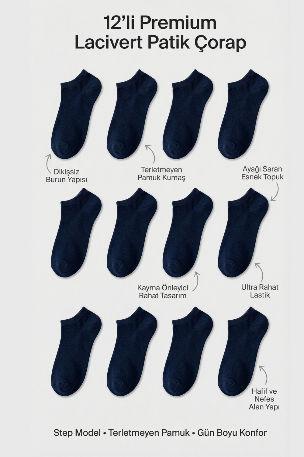 Unisex 12li Basic Step Çorap Lacivert