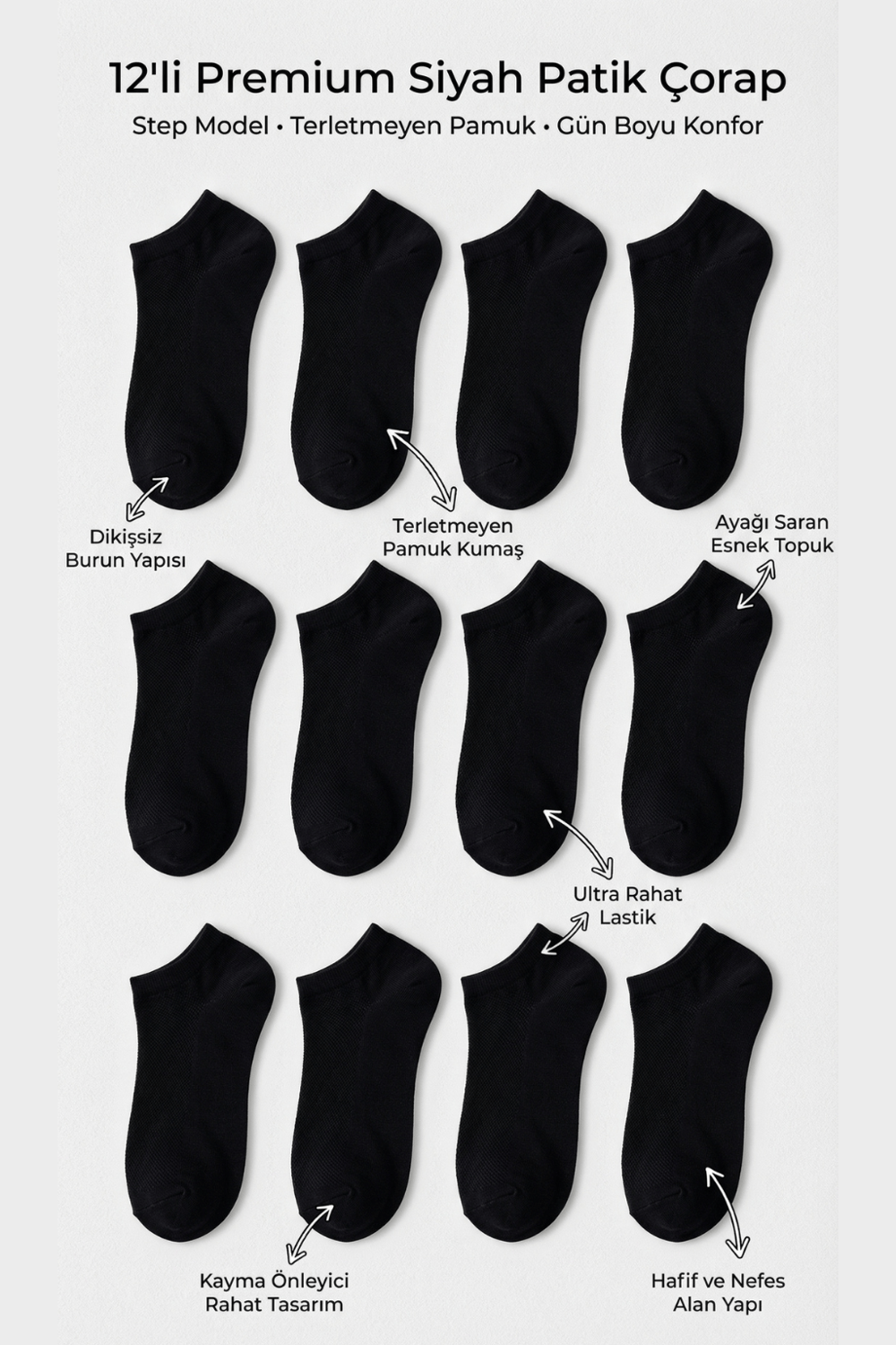 Unisex 12li Basic Step Çorap Siyah