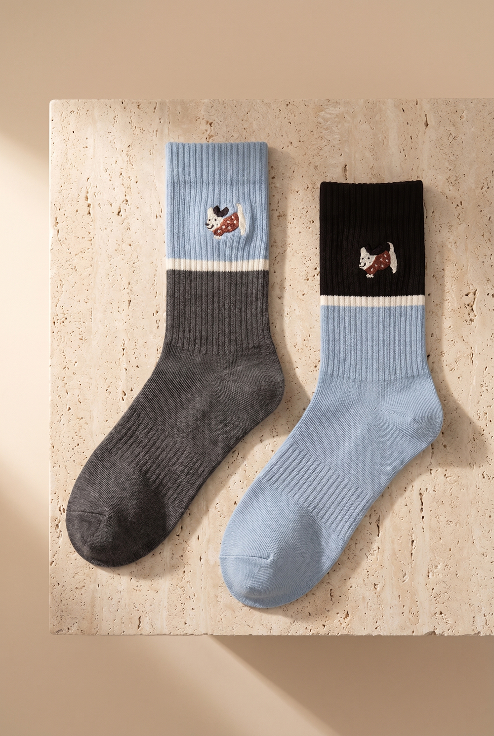 Unisex 2li Köpek Nakışlı Soket Çorap Mavi Mix