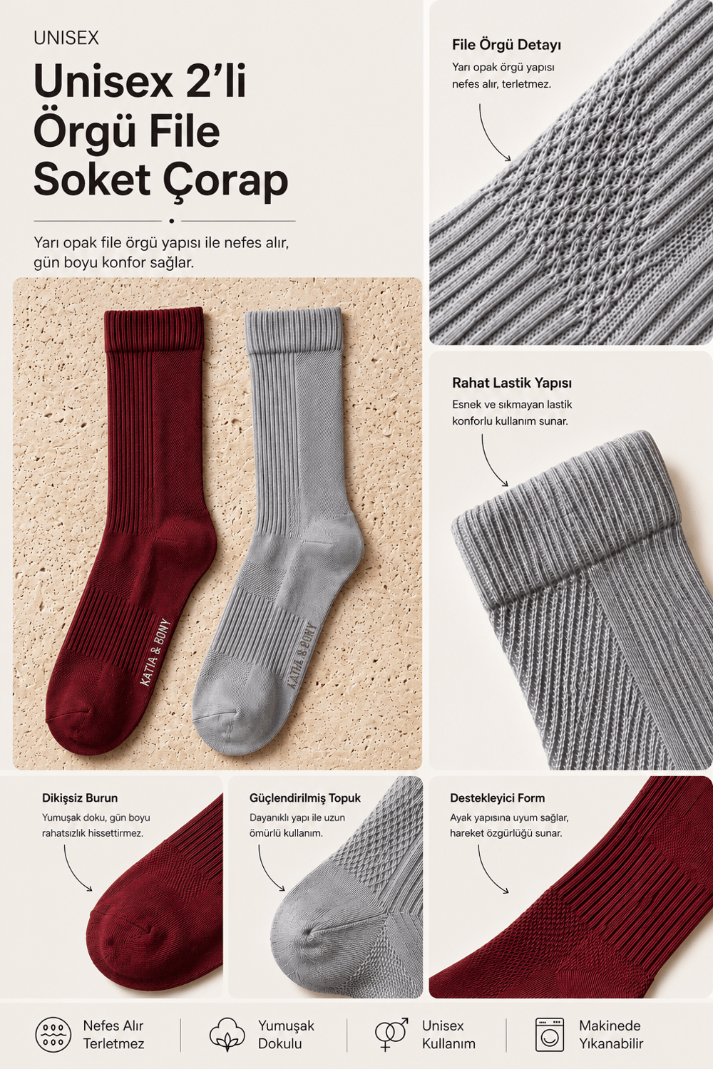 2Pck Unısex Sports Socket Socks