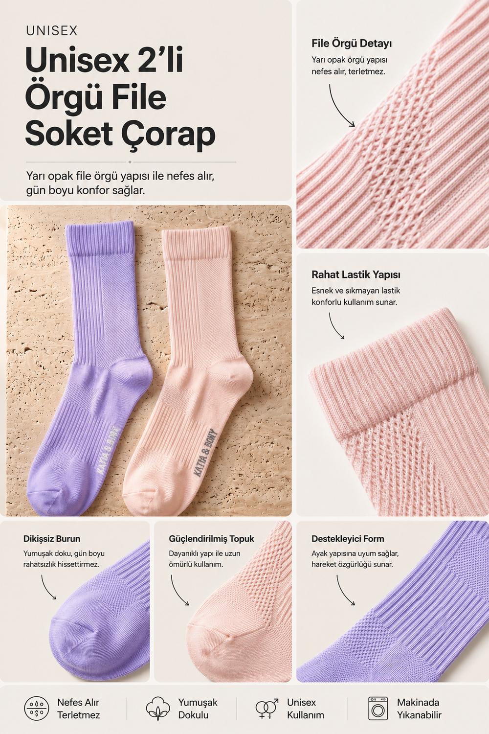 Unisex 2li Örgü File Soket Çorap Lila-Pembe