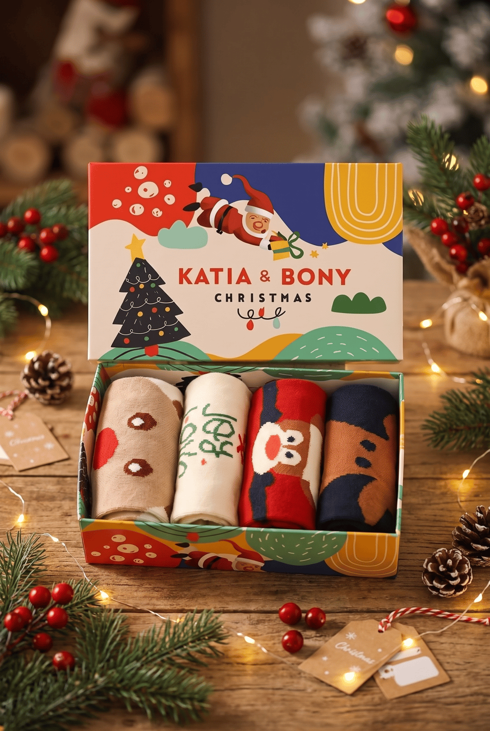 4lü Paket New Year Box Unisex Art Soket Çorap Patterned