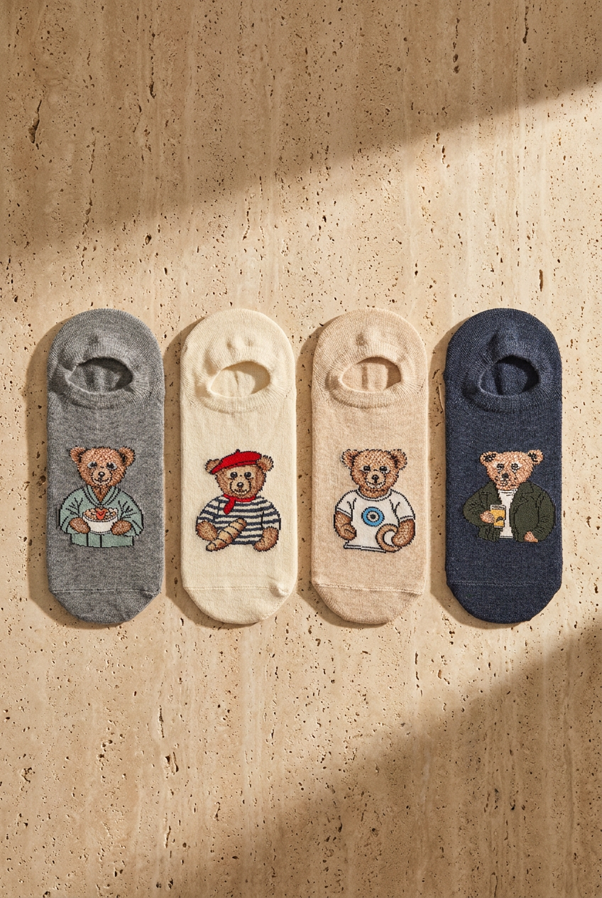 Unisex 4lü Teddy Desenli Görünmez Çorap