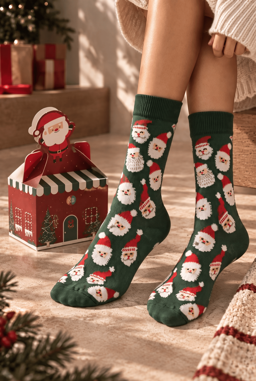 Unisex Noel Baba Kutulu Pamuklu Soket Yılbaşı Çorabı Yeşil