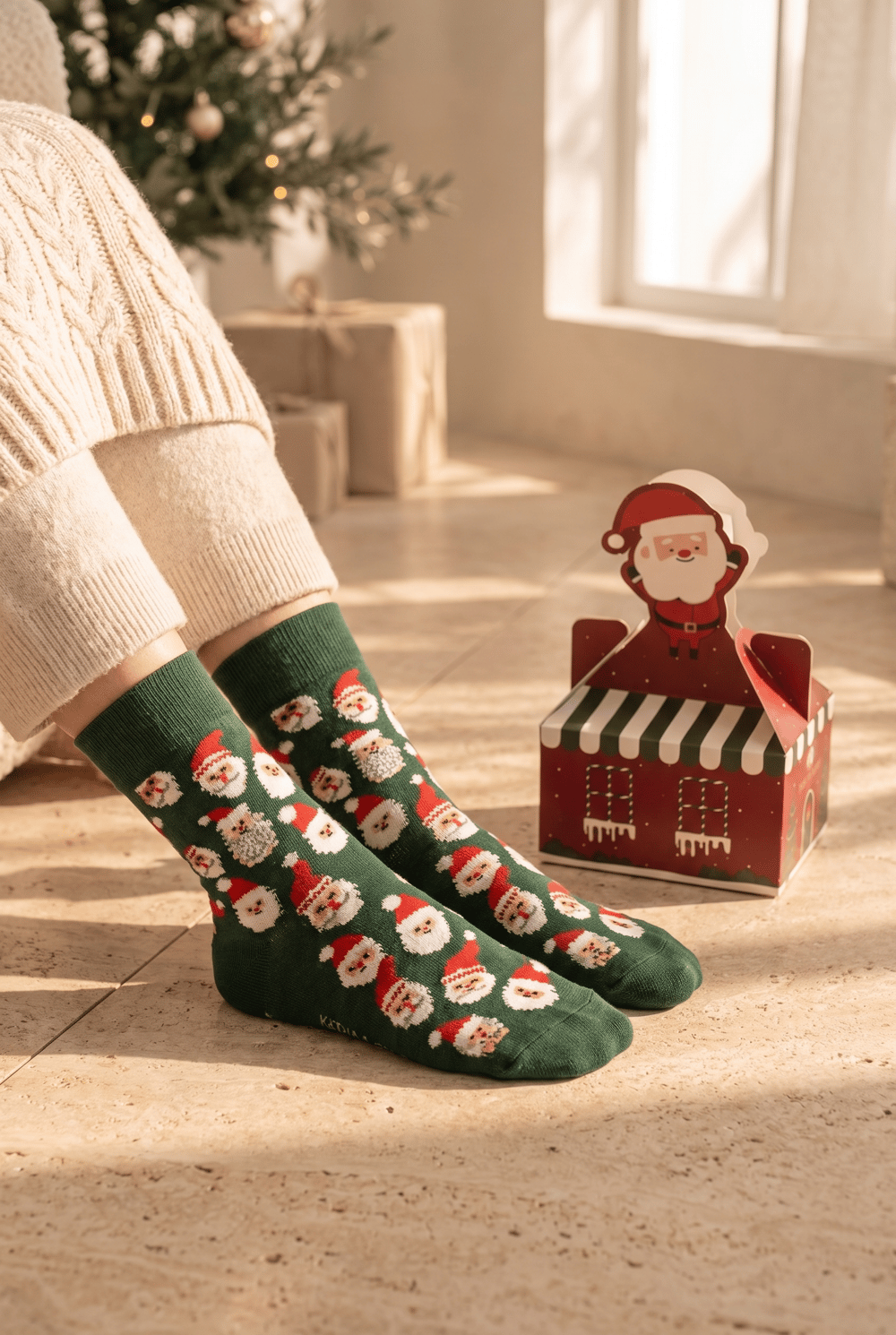 Unisex Noel Baba Kutulu Pamuklu Soket Yılbaşı Çorabı Yeşil