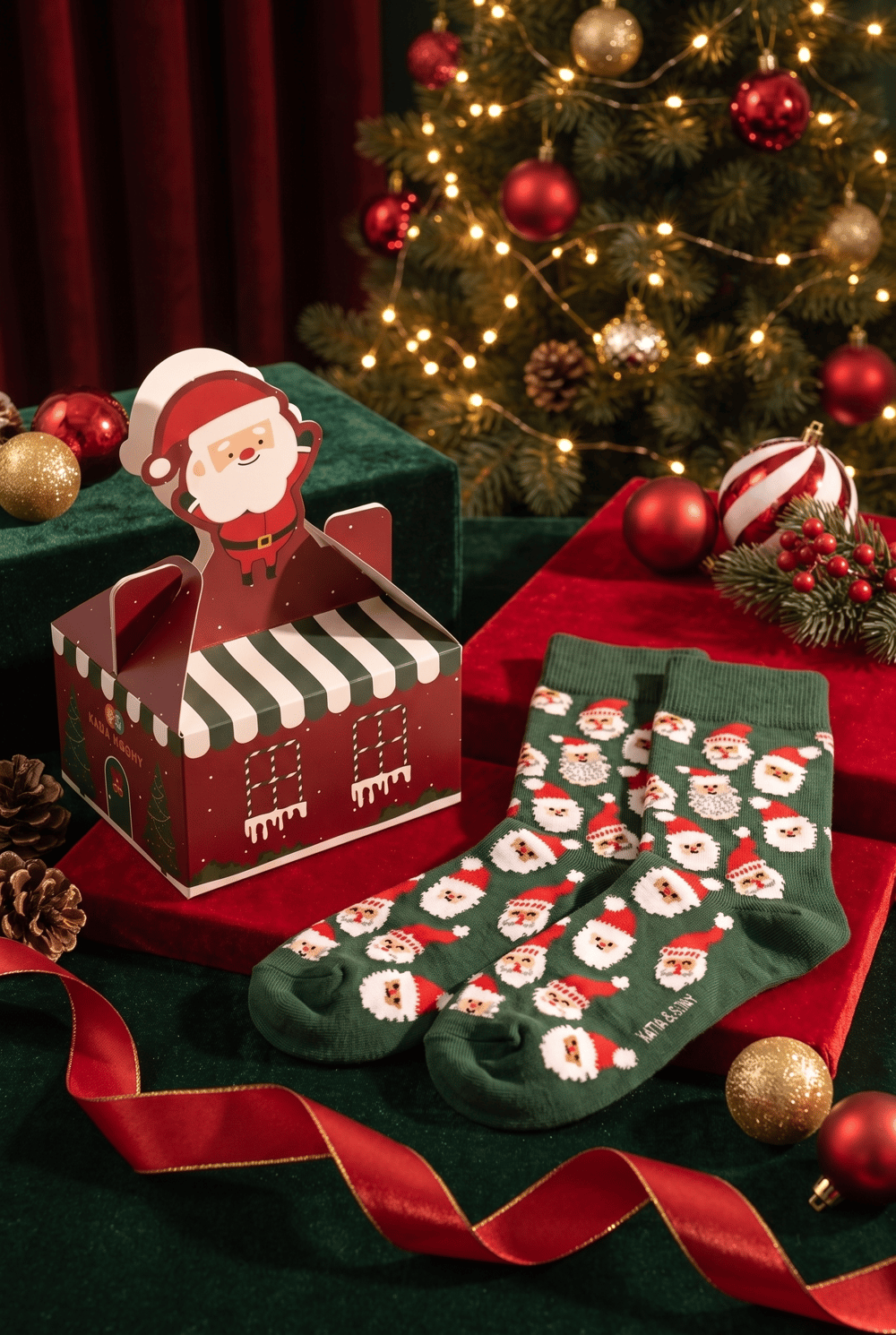 Unisex Noel Baba Kutulu Pamuklu Soket Yılbaşı Çorabı Yeşil