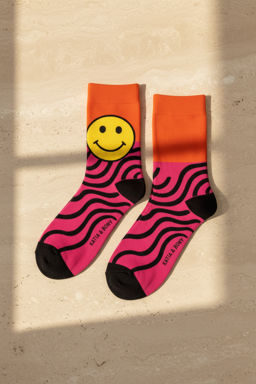 Unisex Pop Art Gülen Yüz Desenli Soket Çorap