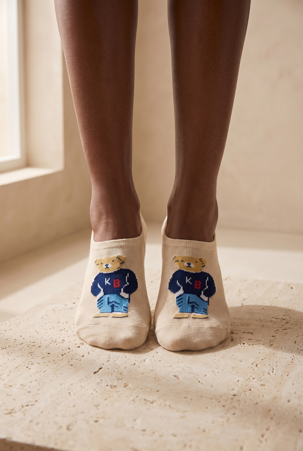Unisex Teddy Desenli Sneaker Görünmez Çorap Bej
