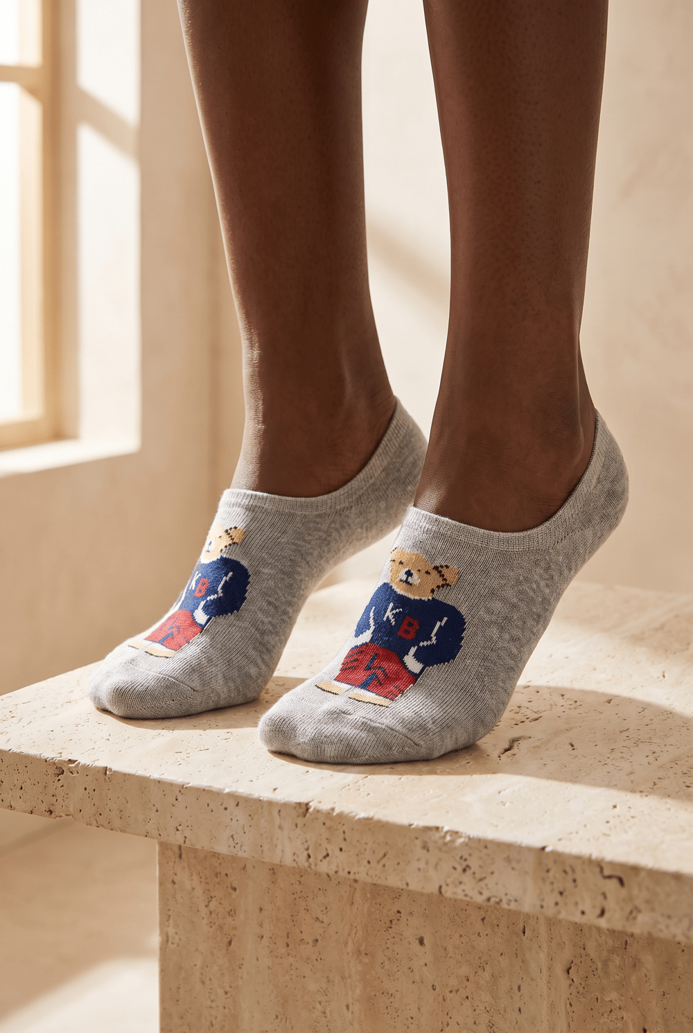 Unisex Teddy Desenli Sneaker Görünmez Çorap Gri