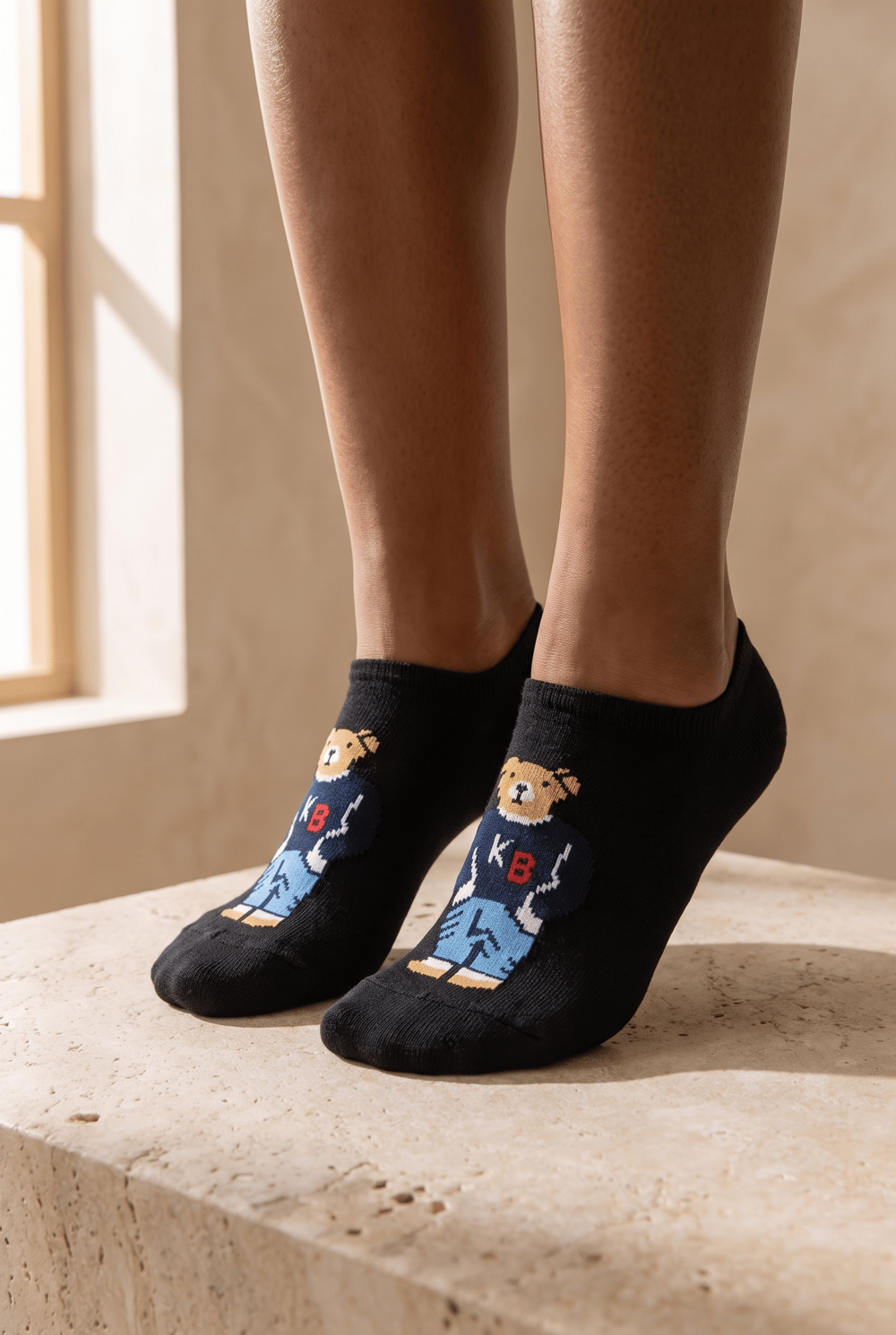 Unisex Teddy Desenli Sneaker Görünmez Çorap Siyah