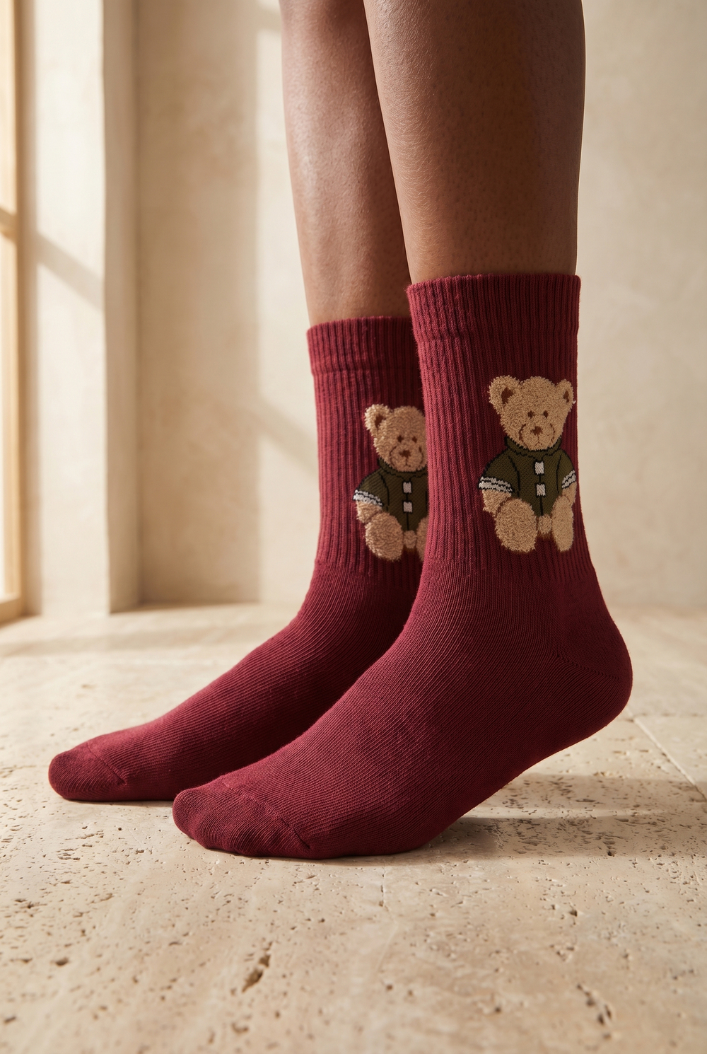 Unisex Teddy Desenli Soket Çorap Bordo