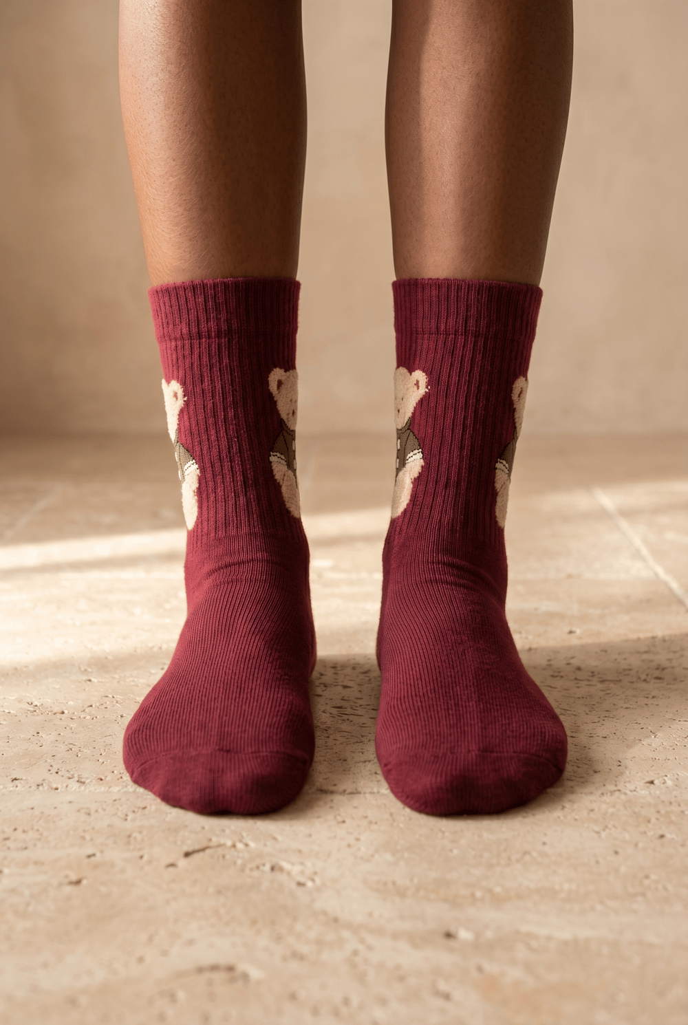 Unisex Teddy Desenli Soket Çorap Bordo