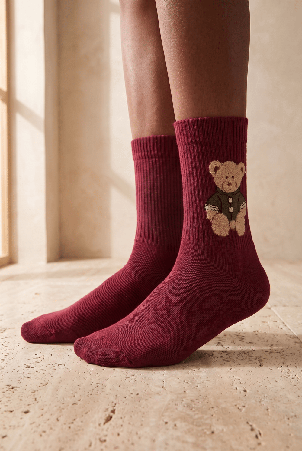 Teddy Patterned Unısex Socks Socks Claret Red