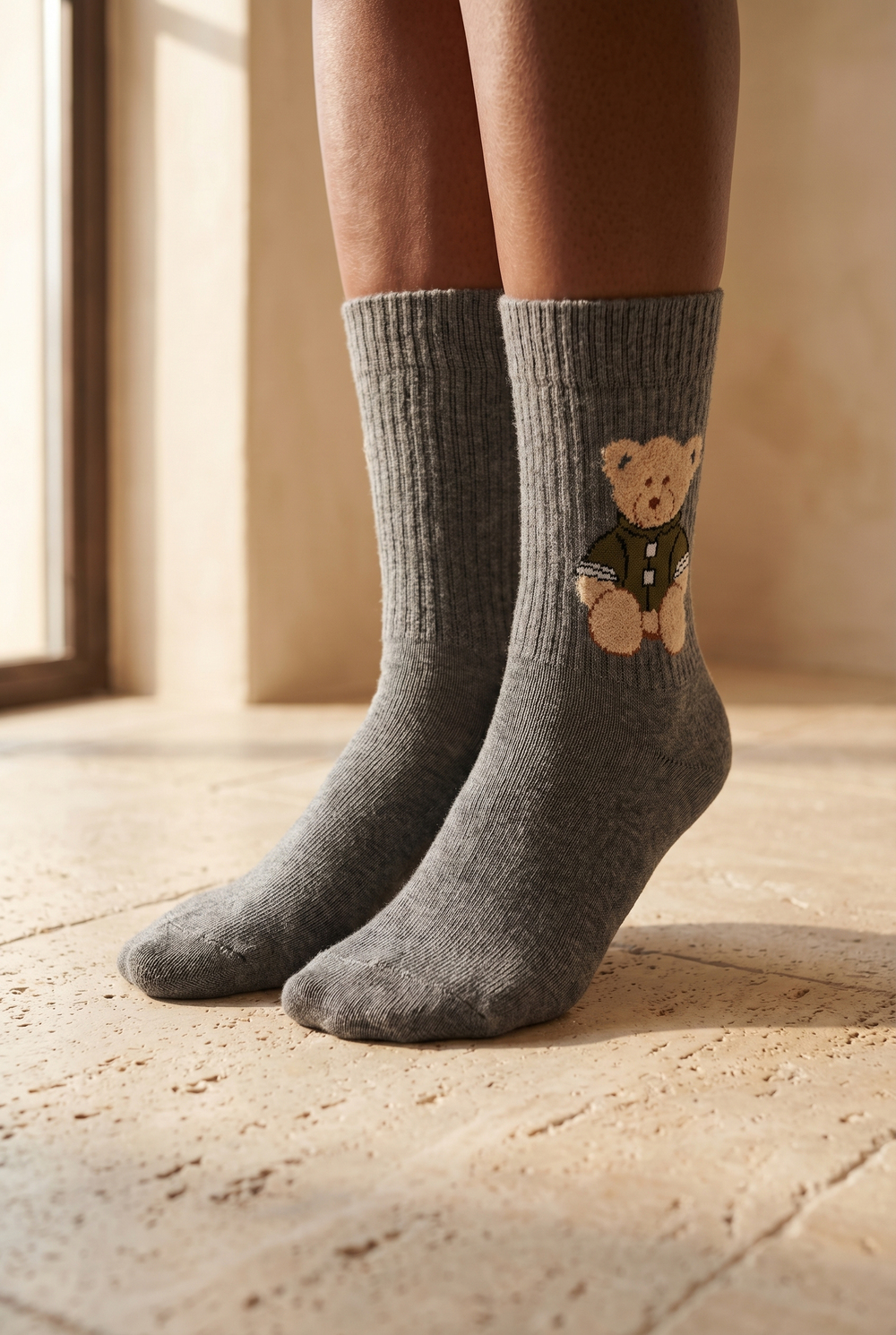 Unisex Teddy Desenli Soket Çorap Gri