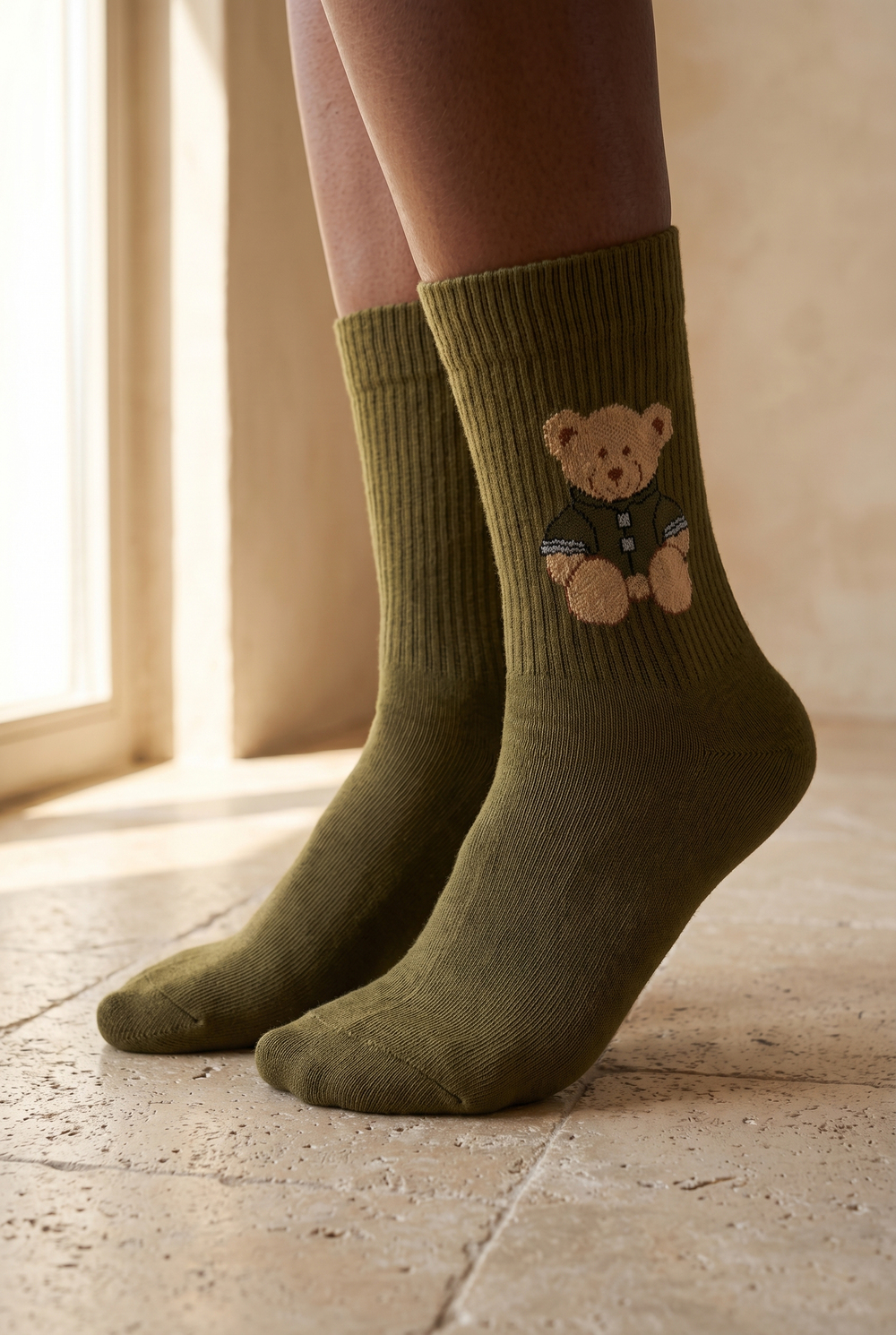 Unisex Teddy Desenli Soket Çorap Haki