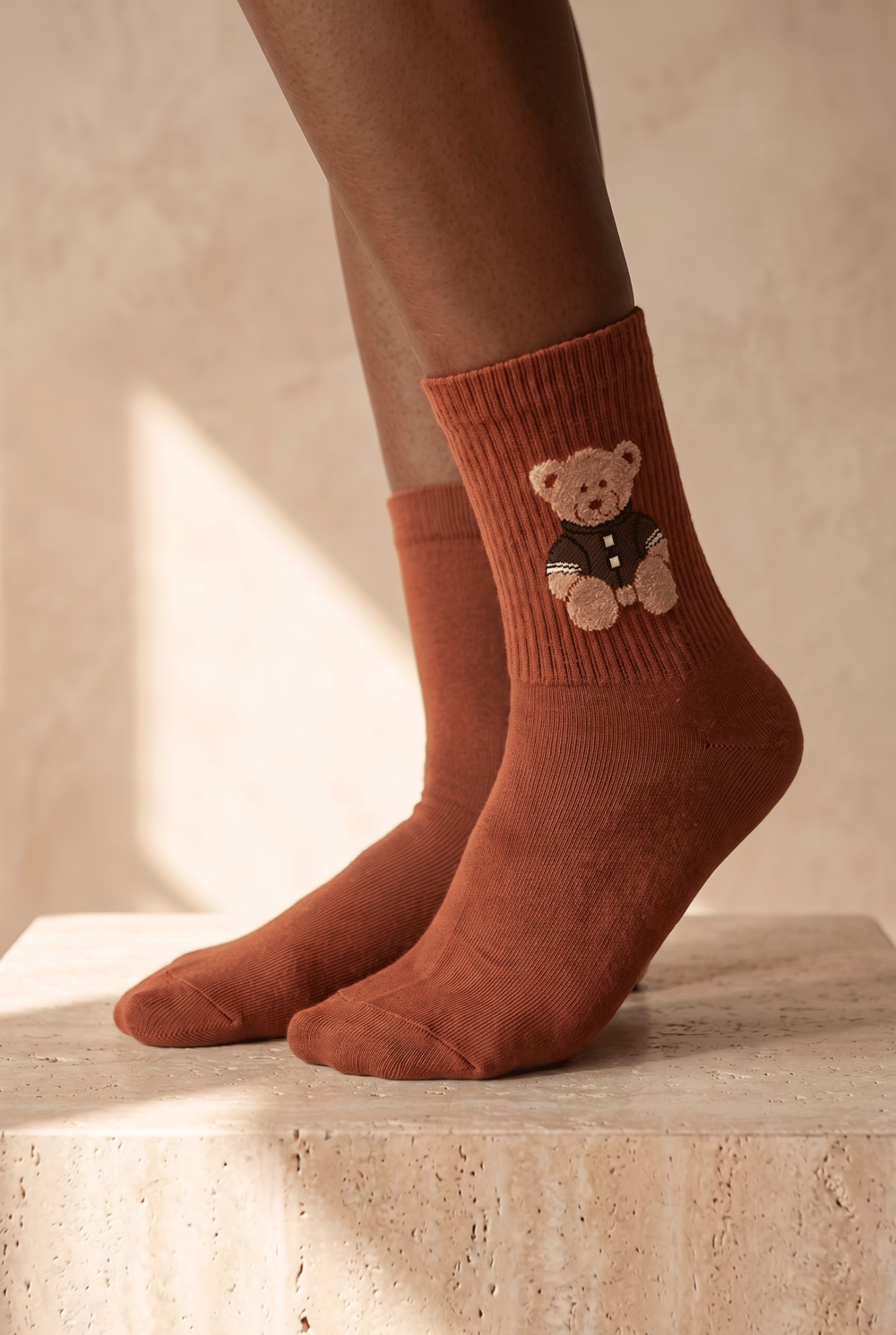 Unisex Teddy Desenli Soket Çorap Kahverengi