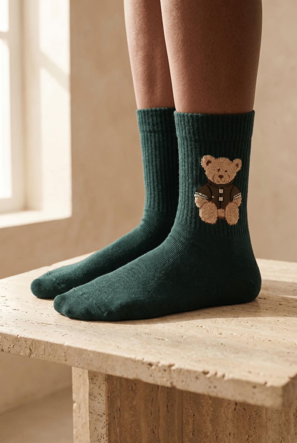 Teddy Patterned Unısex Socket Socks Dark Green