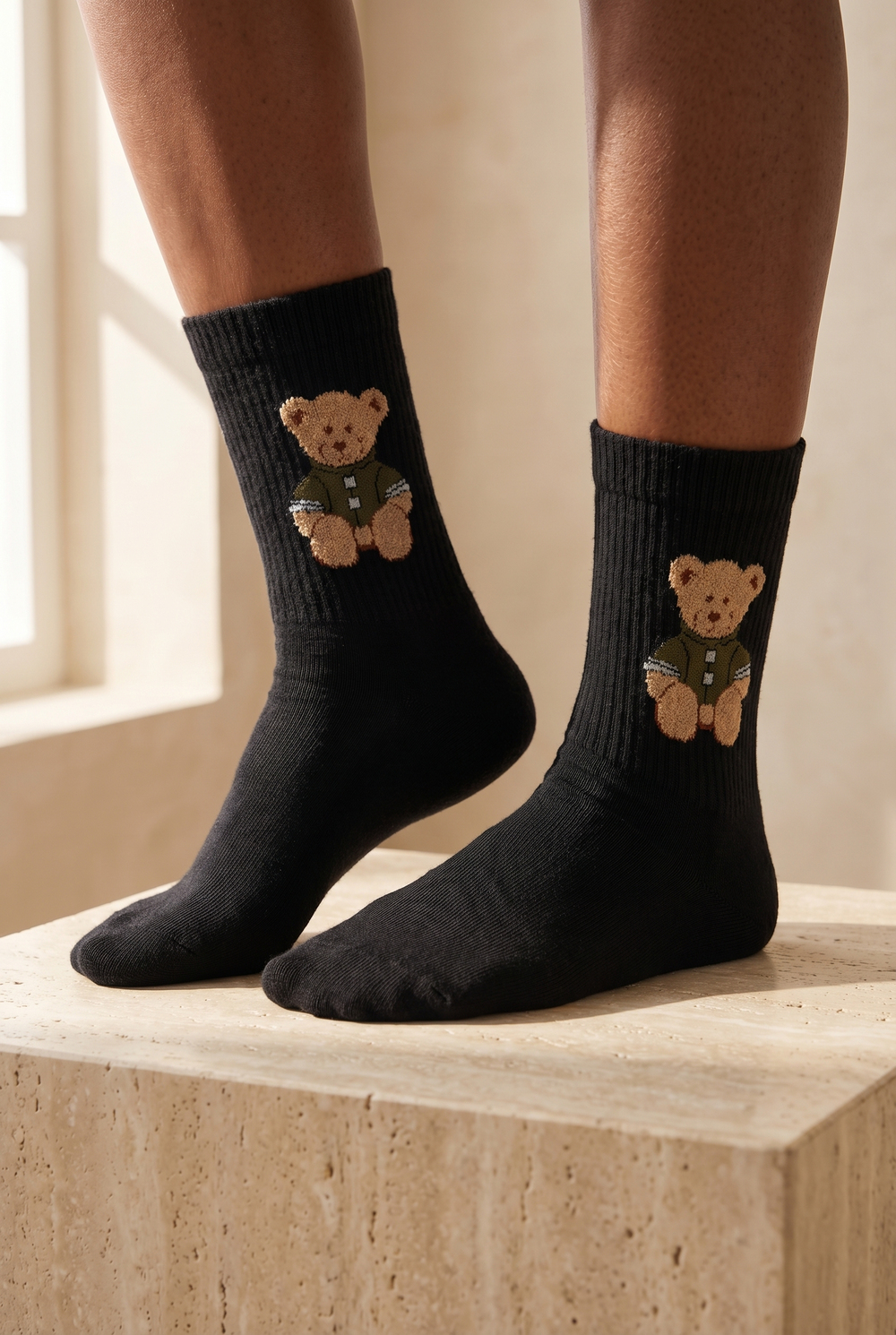Unisex Teddy Desenli Soket Çorap Siyah